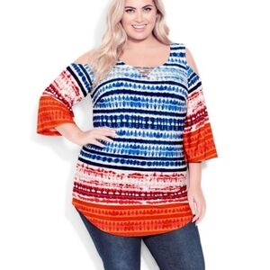 NWY Avenue Cold Shoulder 3 Bar Border Top in Blue Tie Dye
